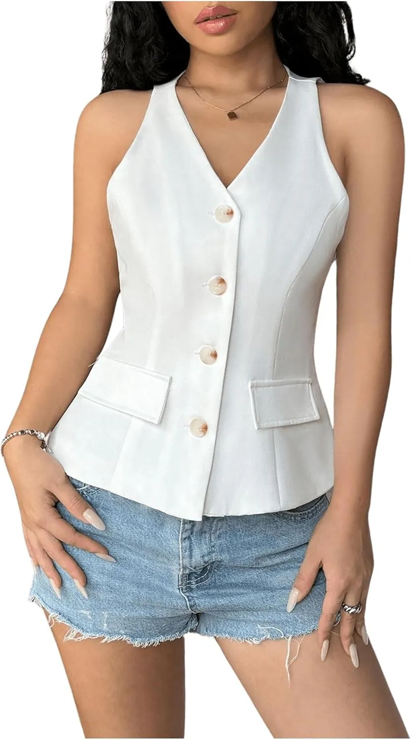 MakeMeChic Women's V Neck Single Breasted Blazer Vest Sleeveless Flared Hem Coat Outerwear