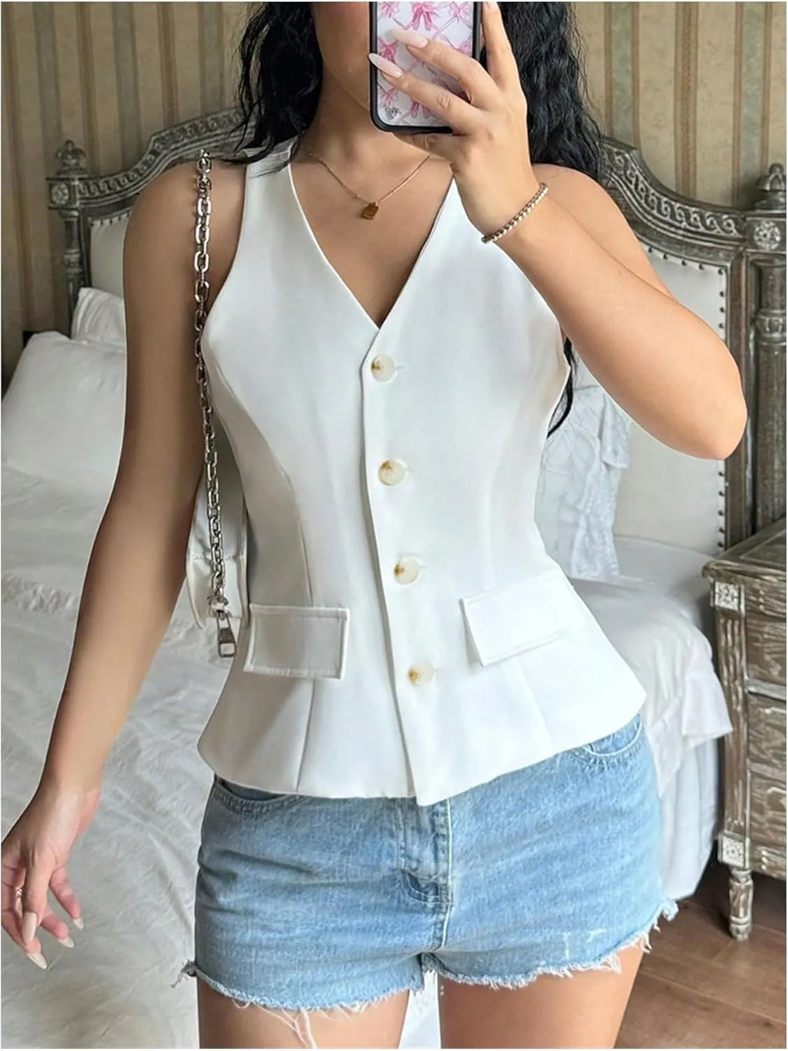 MakeMeChic Women's V Neck Single Breasted Blazer Vest Sleeveless Flared Hem Coat Outerwear