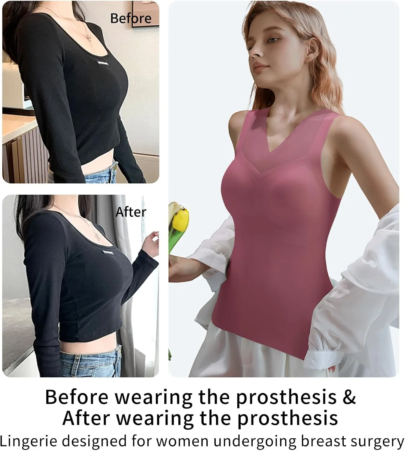Mastectomy Camisoles with Prosthesis Breast, Comfort Women Post Sugical Tank Top, Prosthetic Breast Camisole