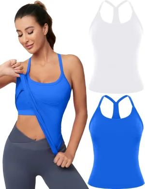 MathCat Workout Tank Tops for Women with Built in Bra, Sleeveless Gym Tops Seamless Racerback Athletic Yoga Shirts 2 Pack
