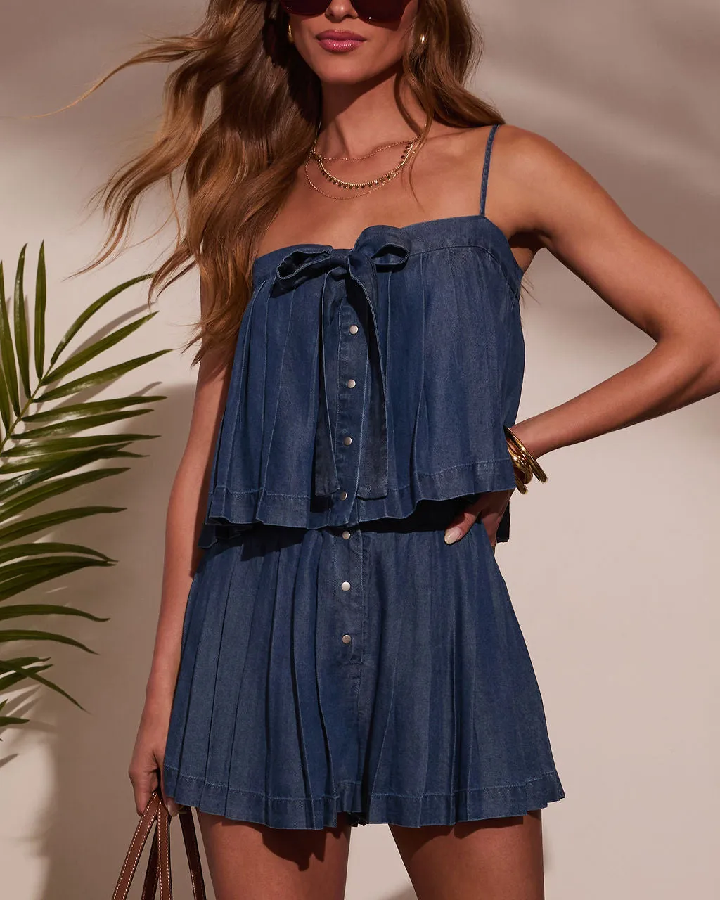 Meadow Mist Pleated Denim Shorts