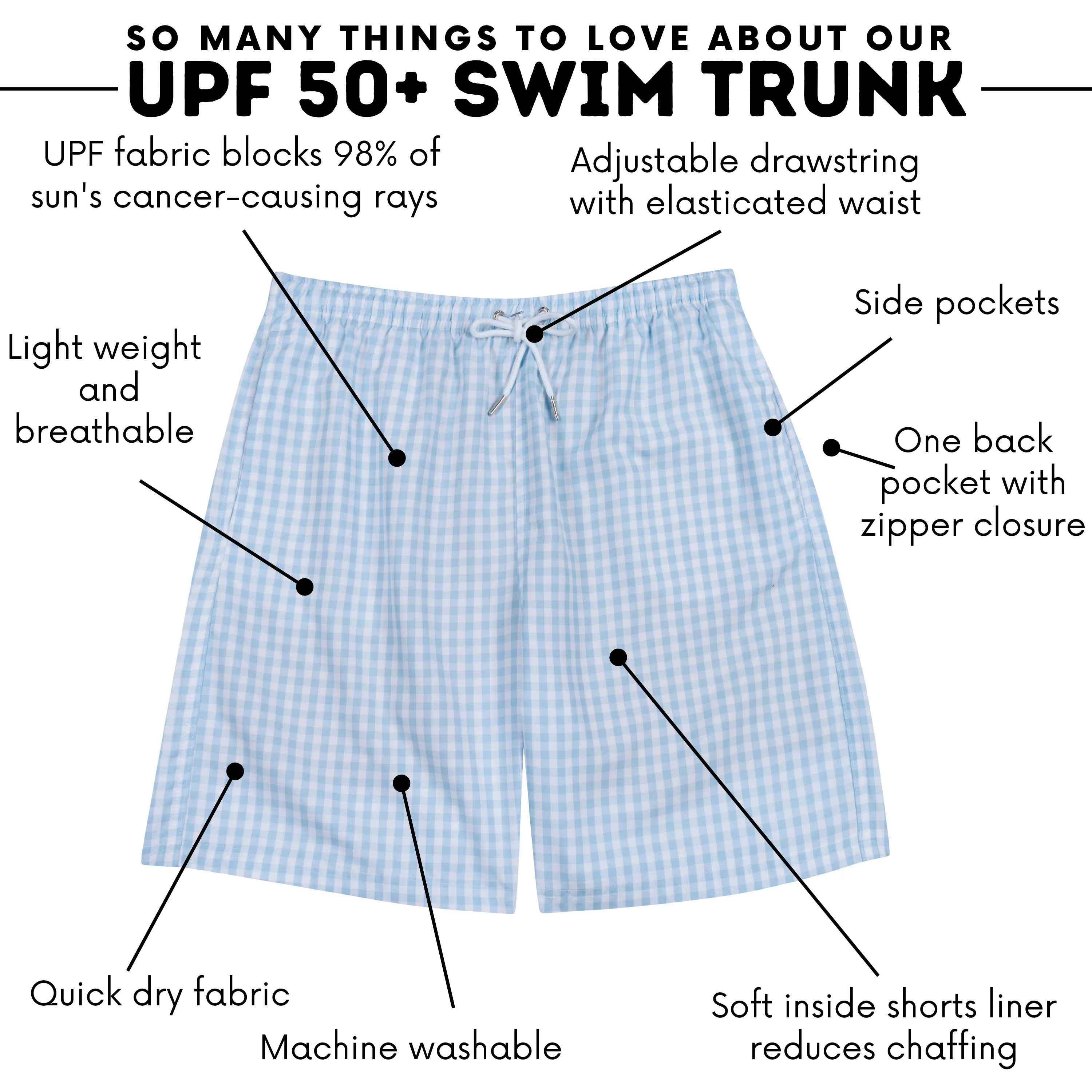 Men's 8" Swim Trunks Boxer Brief Liner | "Blue Gingham"