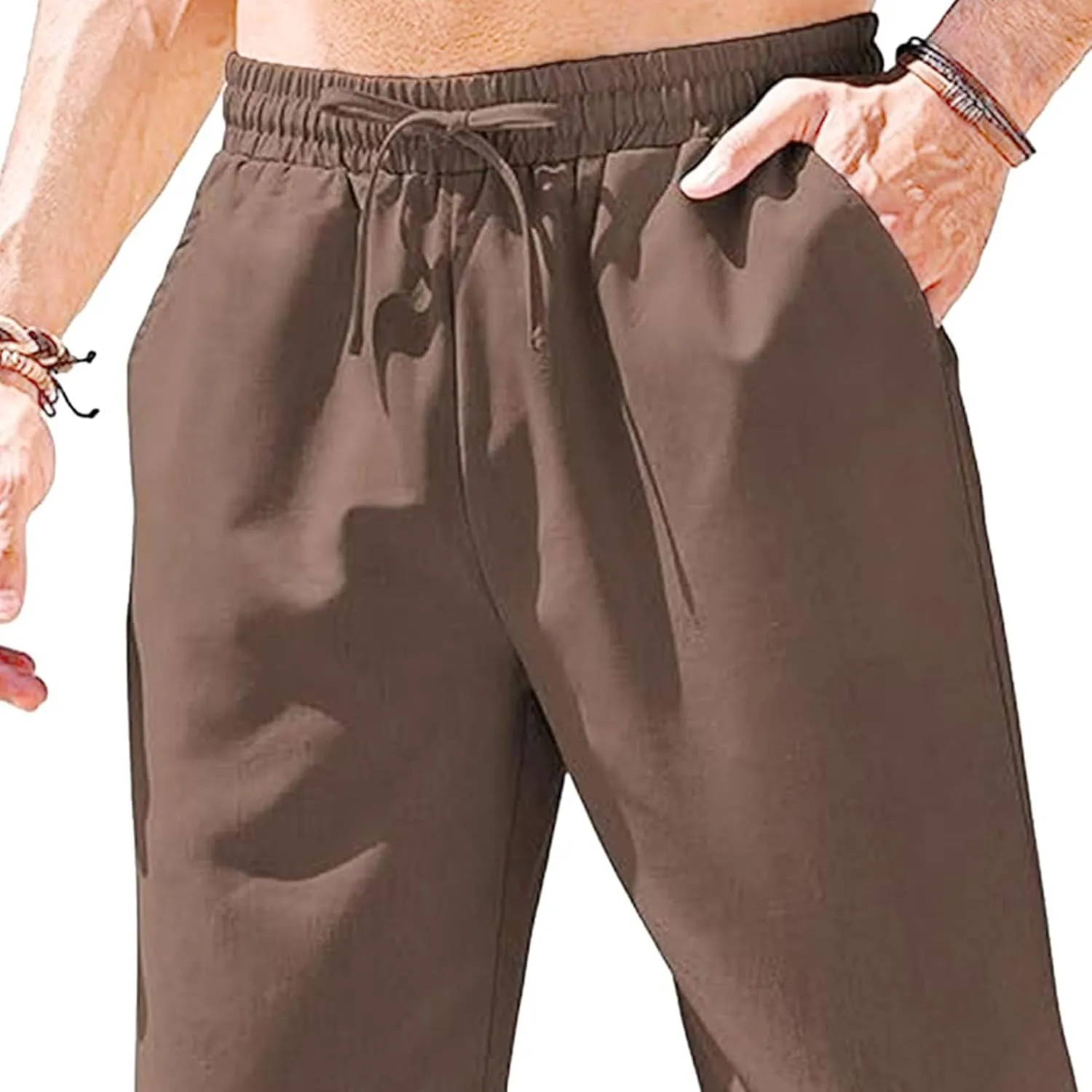 Men's Basic Cotton Liene Loose Fit Pants Elasitc Waist Lightweight Summer Trousers Casual Solid Yoga Beach Pants