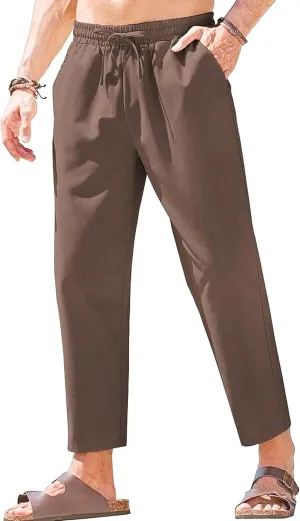 Men's Basic Cotton Liene Loose Fit Pants Elasitc Waist Lightweight Summer Trousers Casual Solid Yoga Beach Pants