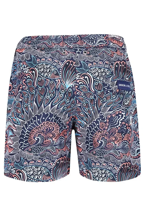 Men's Blue Paisley Pattern Print Swim Trunk Shorts