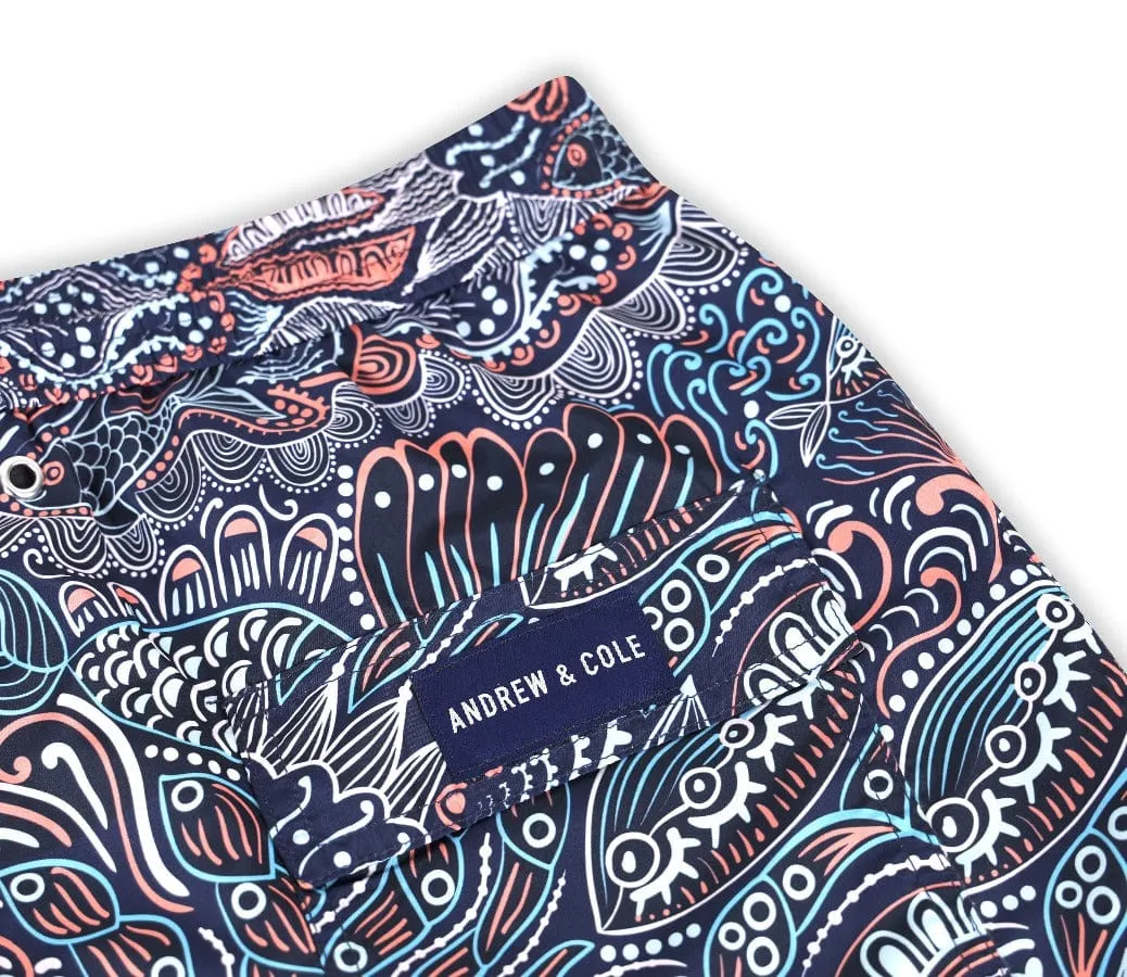 Men's Blue Paisley Pattern Print Swim Trunk Shorts