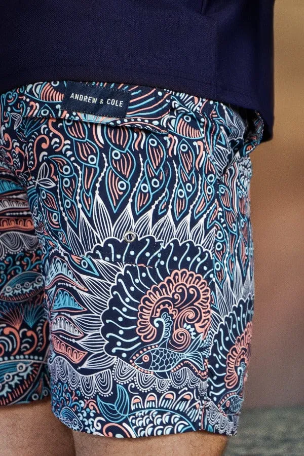Men's Blue Paisley Pattern Print Swim Trunk Shorts