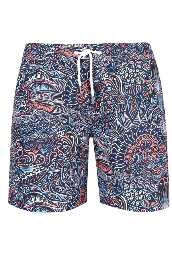 Men's Blue Paisley Pattern Print Swim Trunk Shorts