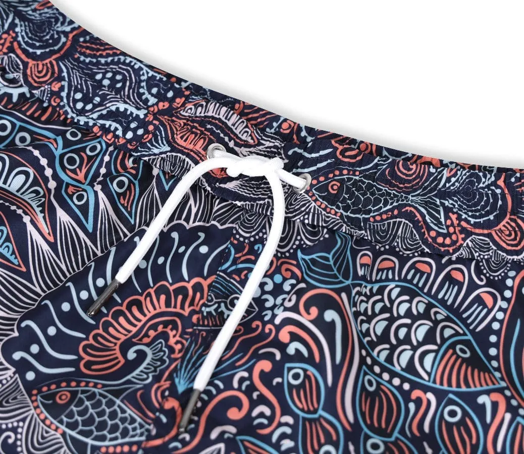 Men's Blue Paisley Pattern Print Swim Trunk Shorts