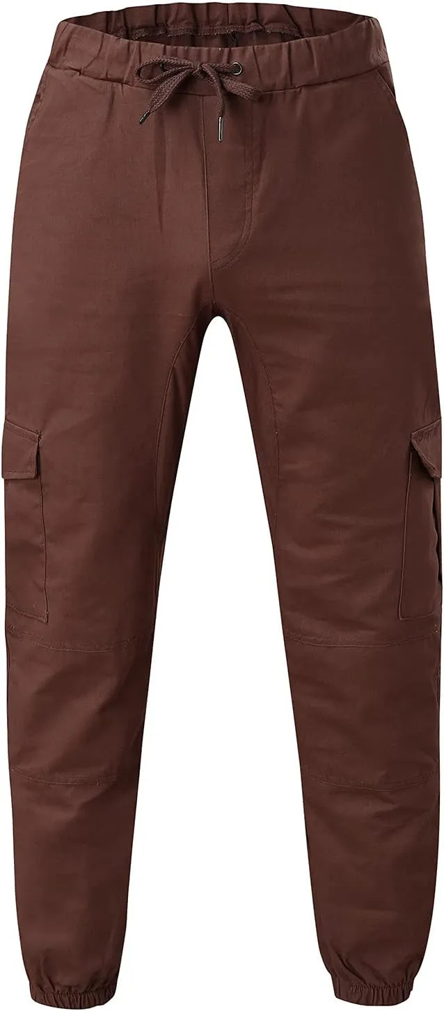 Mens Casual Elastic Drawstring Cargo Pants Outdoor Trousers Cotton Workout Sweatpants Hiking Joggers with Pockets