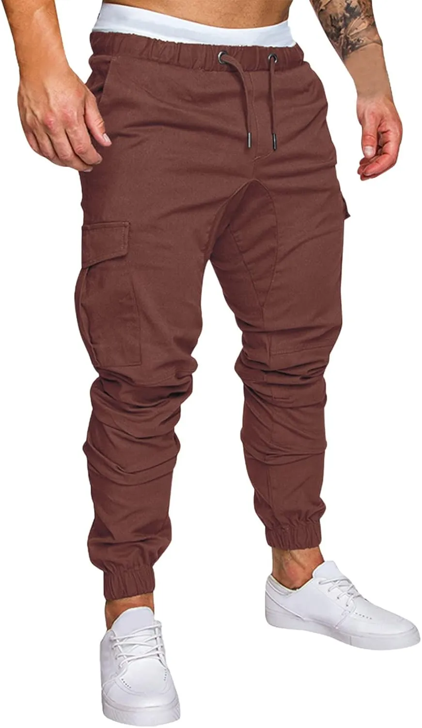 Mens Casual Elastic Drawstring Cargo Pants Outdoor Trousers Cotton Workout Sweatpants Hiking Joggers with Pockets