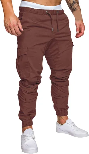 Mens Casual Elastic Drawstring Cargo Pants Outdoor Trousers Cotton Workout Sweatpants Hiking Joggers with Pockets