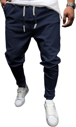 Men's Casual Slim Fit Tapered Pants Drawstring Cotton Joggers Pants Solid Lightweight Athletic Outdoor Trousers