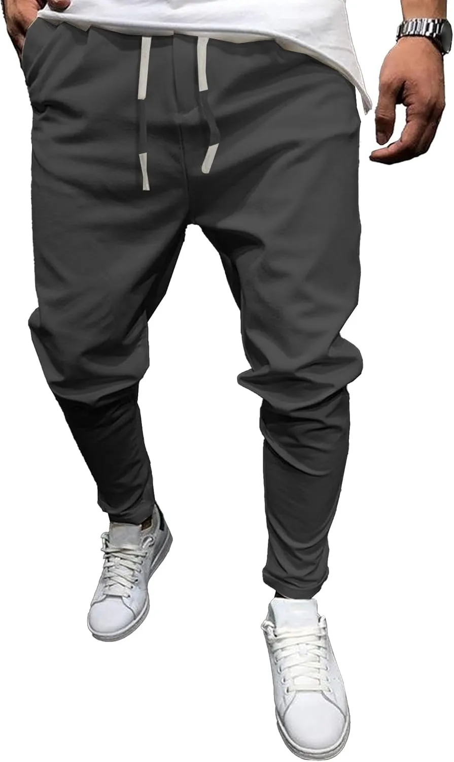 Men's Casual Slim Fit Tapered Pants Drawstring Cotton Joggers Pants Solid Lightweight Athletic Outdoor Trousers