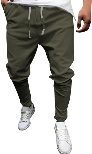 Men's Casual Slim Fit Tapered Pants Drawstring Cotton Joggers Pants Solid Lightweight Athletic Outdoor Trousers