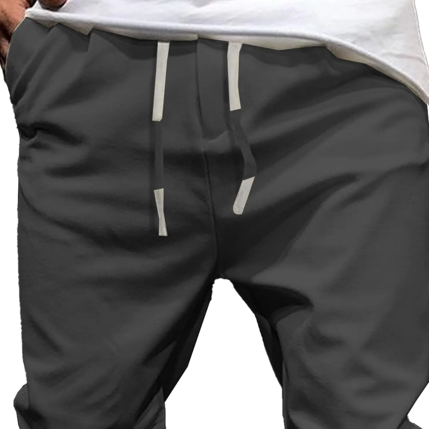 Men's Casual Slim Fit Tapered Pants Drawstring Cotton Joggers Pants Solid Lightweight Athletic Outdoor Trousers