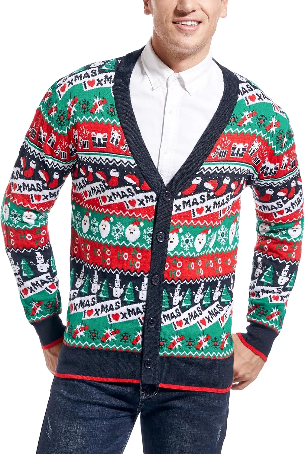 Men's Christmas Rudolph Reindeer Holiday Festive Knitted Sweater Cardigan Cute Ugly Pullover Jumper