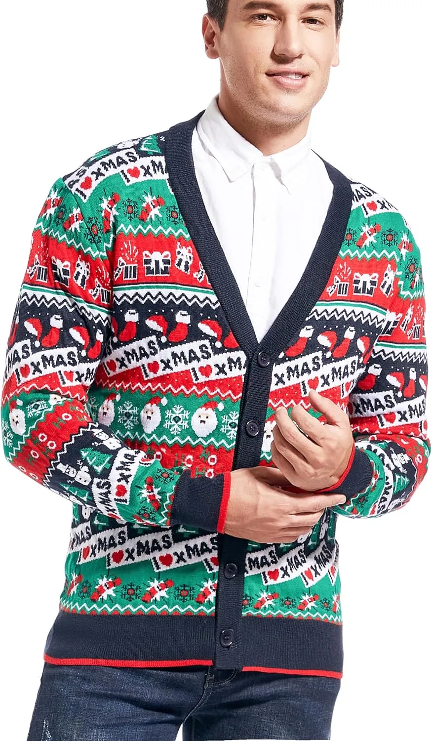 Men's Christmas Rudolph Reindeer Holiday Festive Knitted Sweater Cardigan Cute Ugly Pullover Jumper