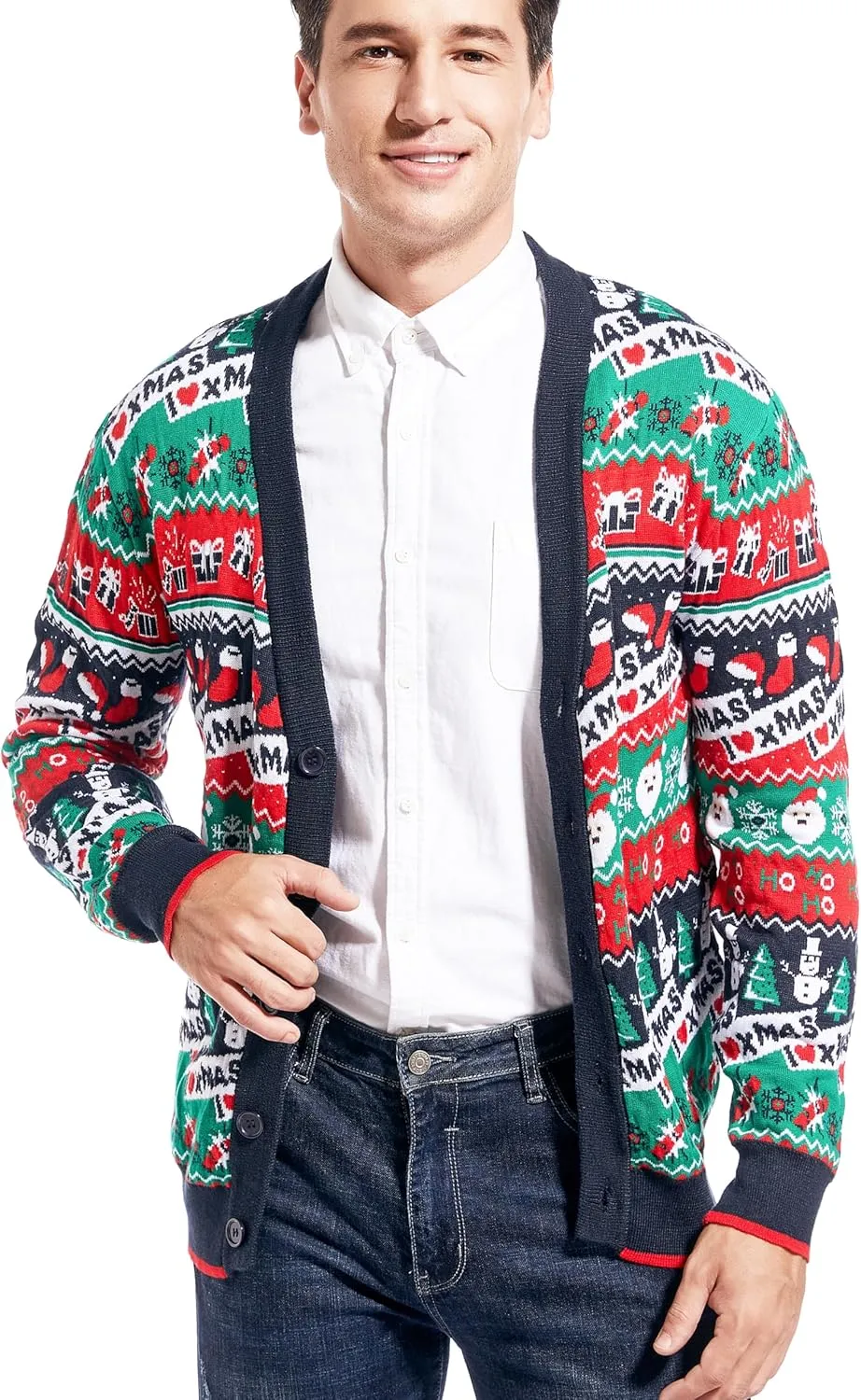 Men's Christmas Rudolph Reindeer Holiday Festive Knitted Sweater Cardigan Cute Ugly Pullover Jumper