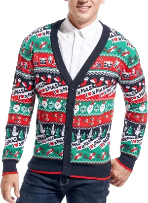 Men's Christmas Rudolph Reindeer Holiday Festive Knitted Sweater Cardigan Cute Ugly Pullover Jumper
