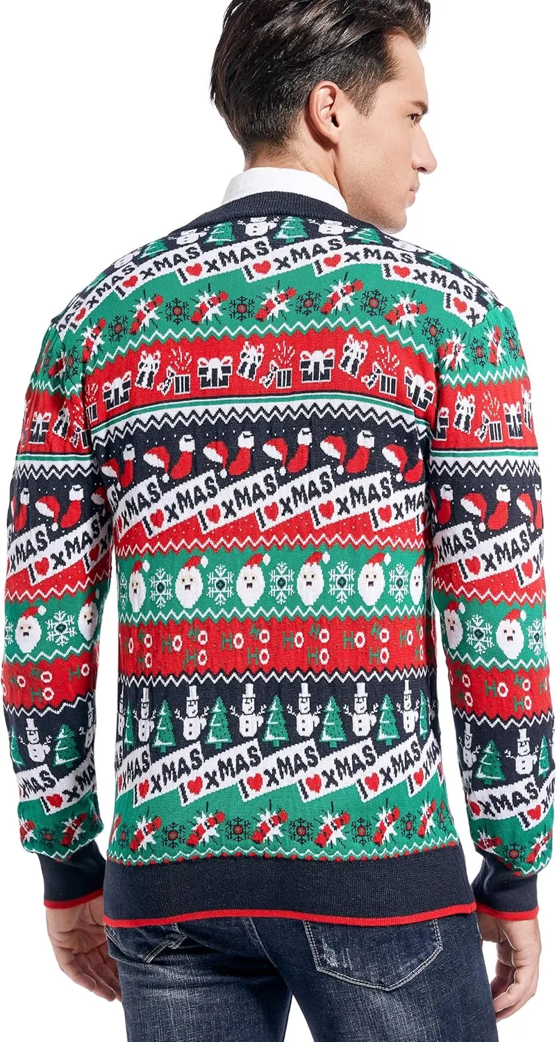 Men's Christmas Rudolph Reindeer Holiday Festive Knitted Sweater Cardigan Cute Ugly Pullover Jumper