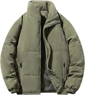 Mens Corduroy Parkas Vintage Cotton Padded Warm Coat Stand Collar Zipper Outerwear