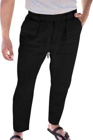 Men's Cotton Linen Drawstring Casual Pants Solid Yoga Lightweight Trousers Straight Leg Summer Hiking Pants