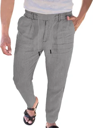 Men's Cotton Linen Drawstring Casual Pants Solid Yoga Lightweight Trousers Straight Leg Summer Hiking Pants