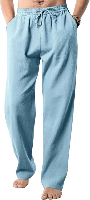 Men's Cotton Linen Sweatpants Yoga Pants Casual Loose Fit Jogging Pants Solid Drawstring Elastic Waist Trousers