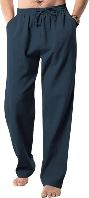 Men's Cotton Linen Sweatpants Yoga Pants Casual Loose Fit Jogging Pants Solid Drawstring Elastic Waist Trousers