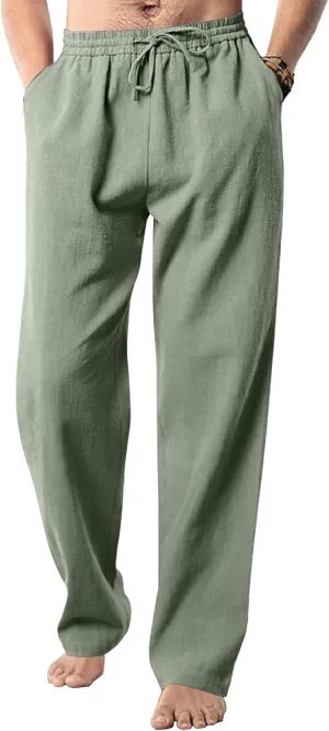Men's Cotton Linen Sweatpants Yoga Pants Casual Loose Fit Jogging Pants Solid Drawstring Elastic Waist Trousers