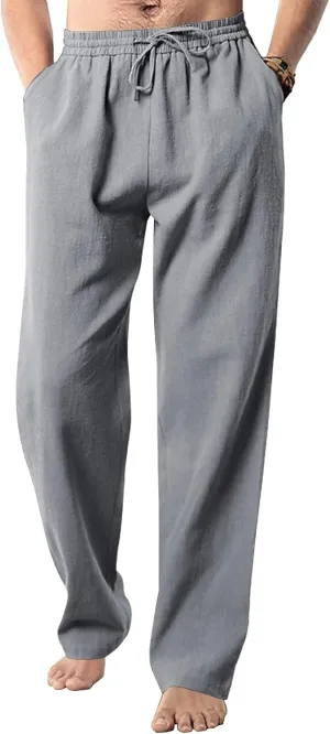 Men's Cotton Linen Sweatpants Yoga Pants Casual Loose Fit Jogging Pants Solid Drawstring Elastic Waist Trousers