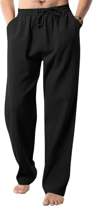 Men's Cotton Linen Sweatpants Yoga Pants Casual Loose Fit Jogging Pants Solid Drawstring Elastic Waist Trousers