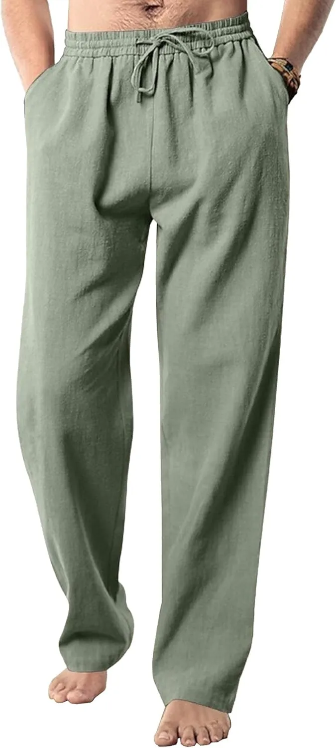 Men's Cotton Linen Sweatpants Yoga Pants Casual Loose Fit Jogging Pants Solid Drawstring Elastic Waist Trousers