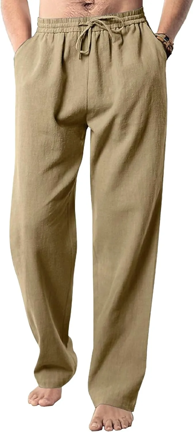 Men's Cotton Linen Sweatpants Yoga Pants Casual Loose Fit Jogging Pants Solid Drawstring Elastic Waist Trousers