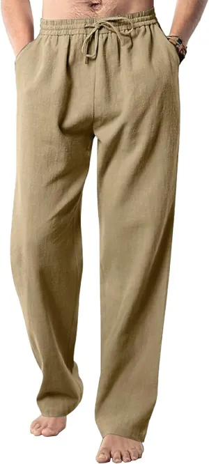 Men's Cotton Linen Sweatpants Yoga Pants Casual Loose Fit Jogging Pants Solid Drawstring Elastic Waist Trousers