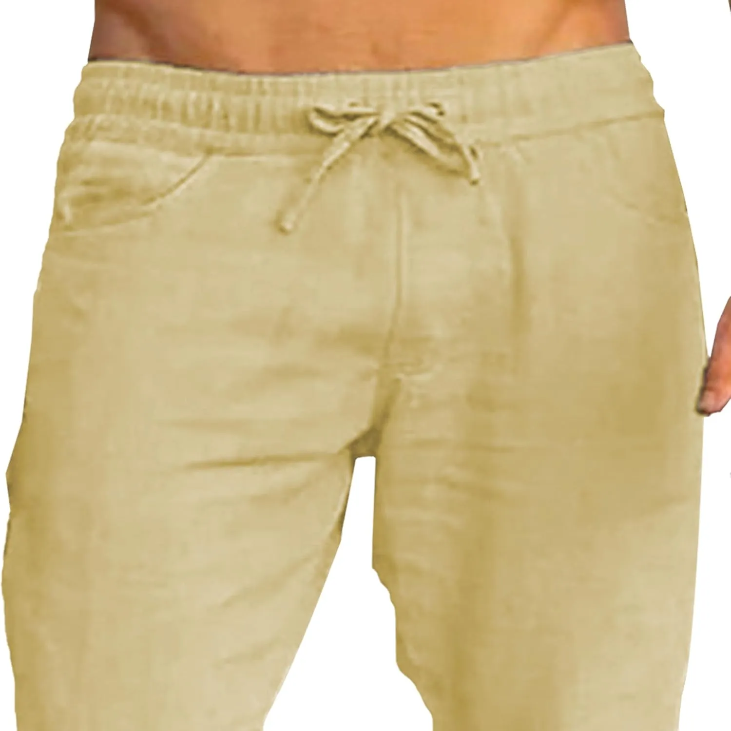 Men's Drawstring Solid Casual Beach Pants Straight Leg Loose Fit Summer Trousers Elastic Waist Solid Hiking Pants