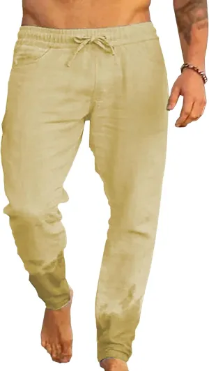 Men's Drawstring Solid Casual Beach Pants Straight Leg Loose Fit Summer Trousers Elastic Waist Solid Hiking Pants