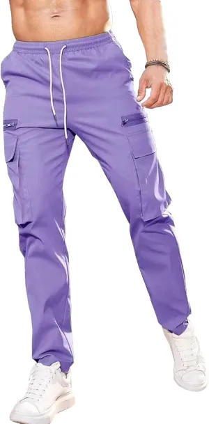 Men's Drawstring Straight Leg Cargo Pants Elastic Waist Athletic Work Trousers Stylish Casual Solid Outdoor Pants