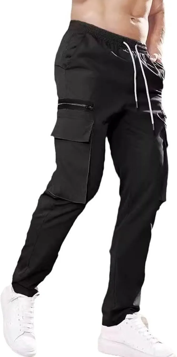 Men's Drawstring Straight Leg Cargo Pants Elastic Waist Athletic Work Trousers Stylish Casual Solid Outdoor Pants
