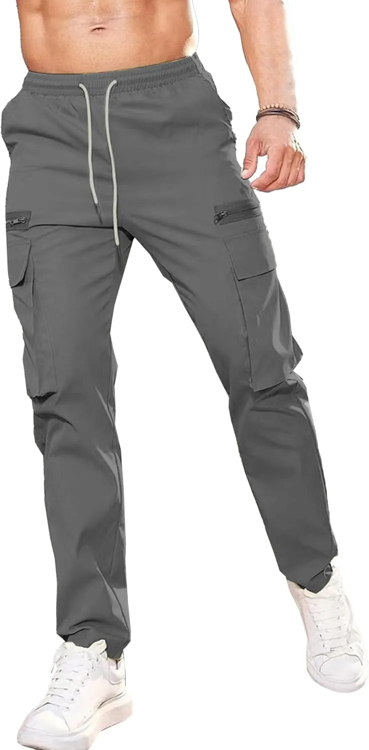 Men's Drawstring Straight Leg Cargo Pants Elastic Waist Athletic Work Trousers Stylish Casual Solid Outdoor Pants