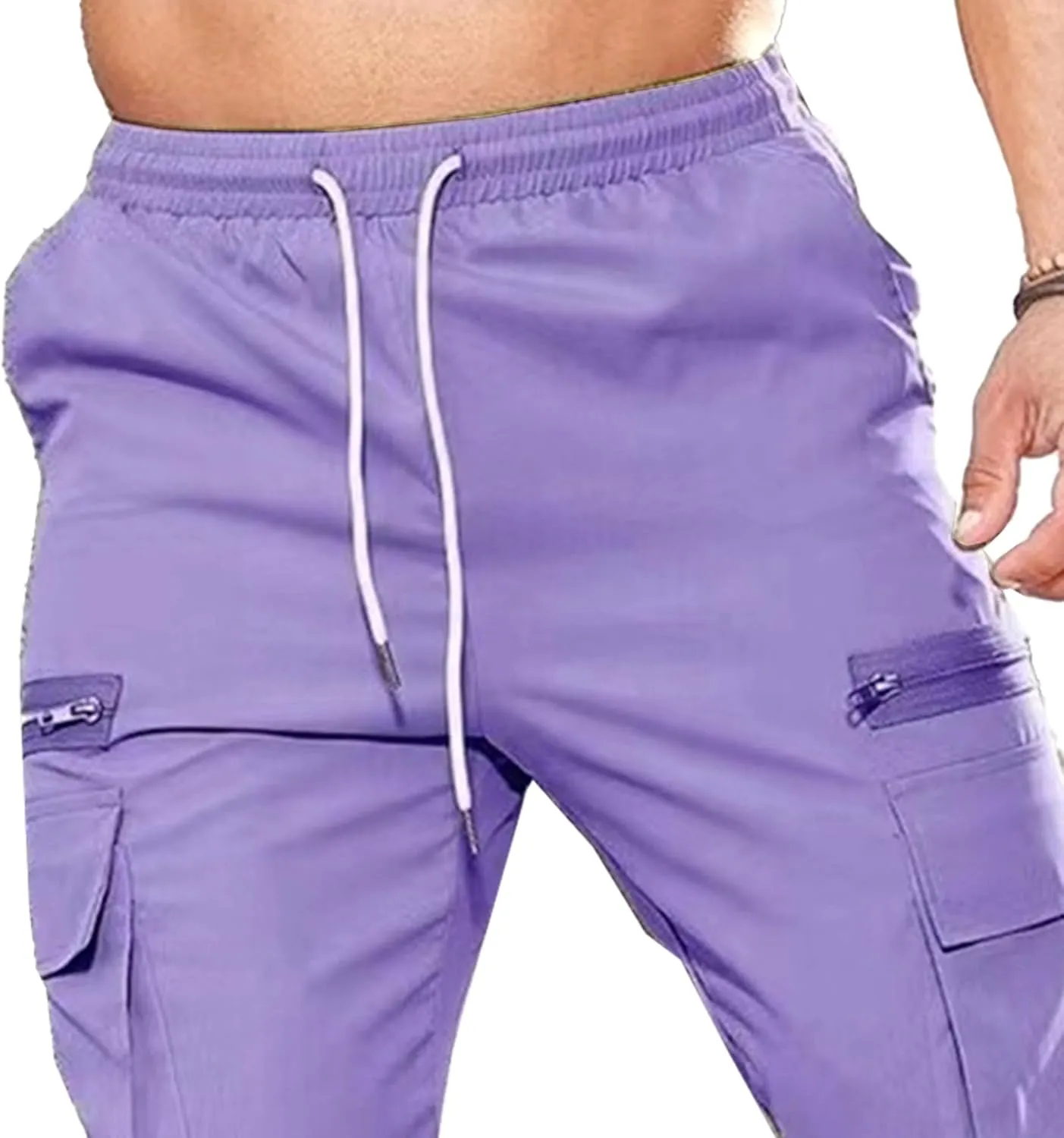 Men's Drawstring Straight Leg Cargo Pants Elastic Waist Athletic Work Trousers Stylish Casual Solid Outdoor Pants