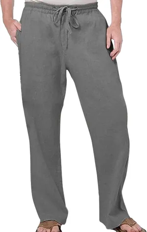 Men's Elatic Waist Baggy Summer Pants Solid Casual Linen Beach Trouser Drawstring Straight Leg Pants