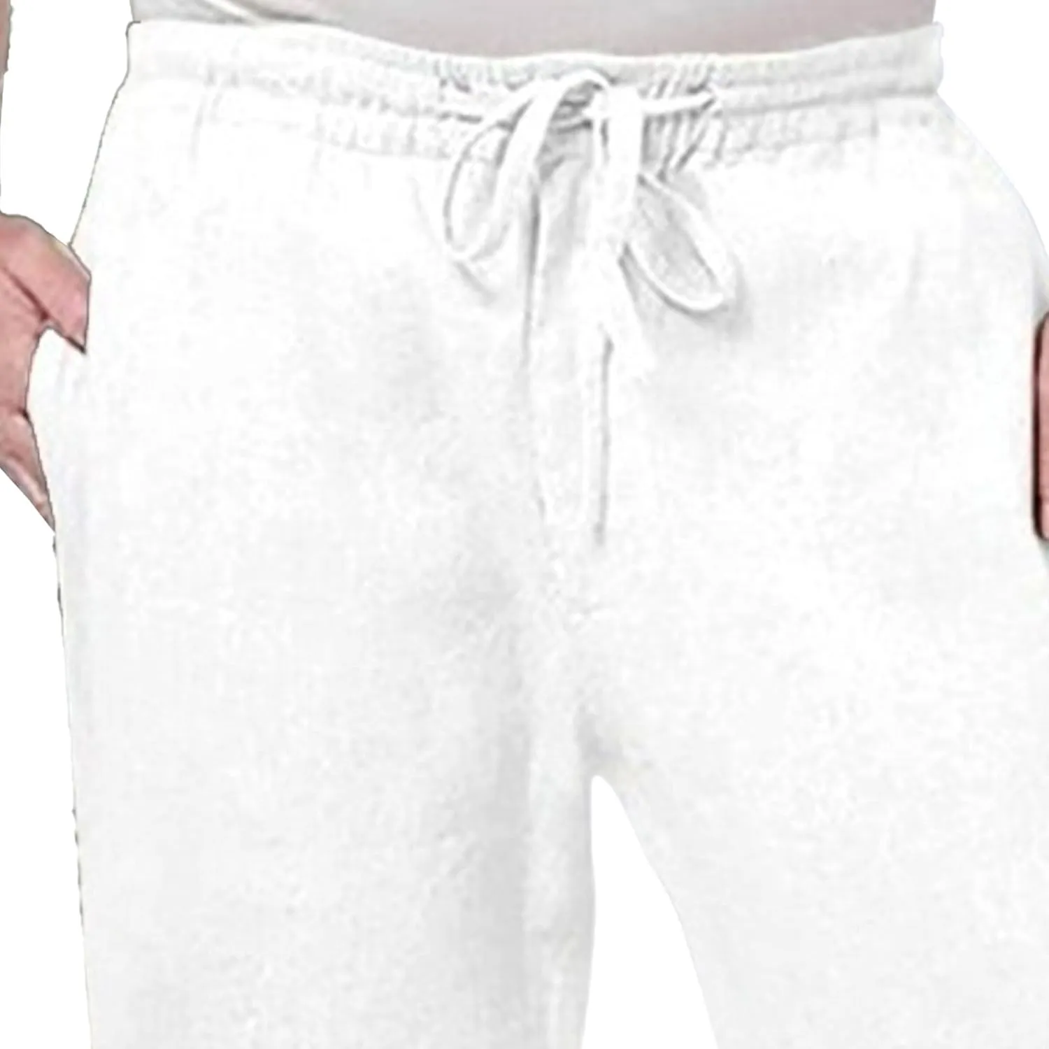 Men's Elatic Waist Baggy Summer Pants Solid Casual Linen Beach Trouser Drawstring Straight Leg Pants