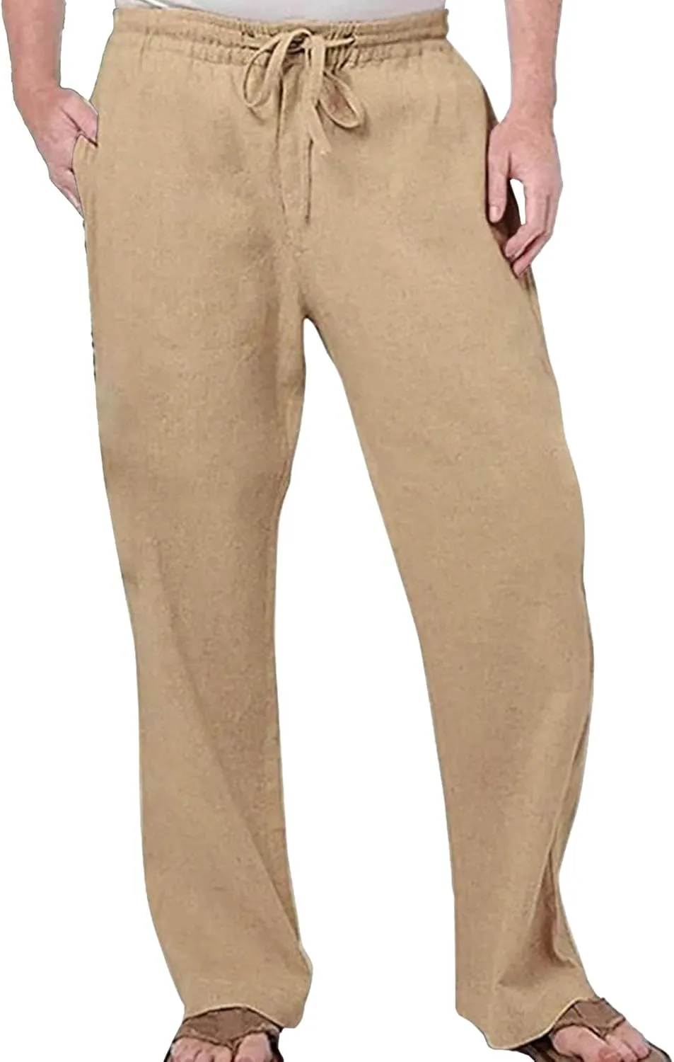 Men's Elatic Waist Baggy Summer Pants Solid Casual Linen Beach Trouser Drawstring Straight Leg Pants