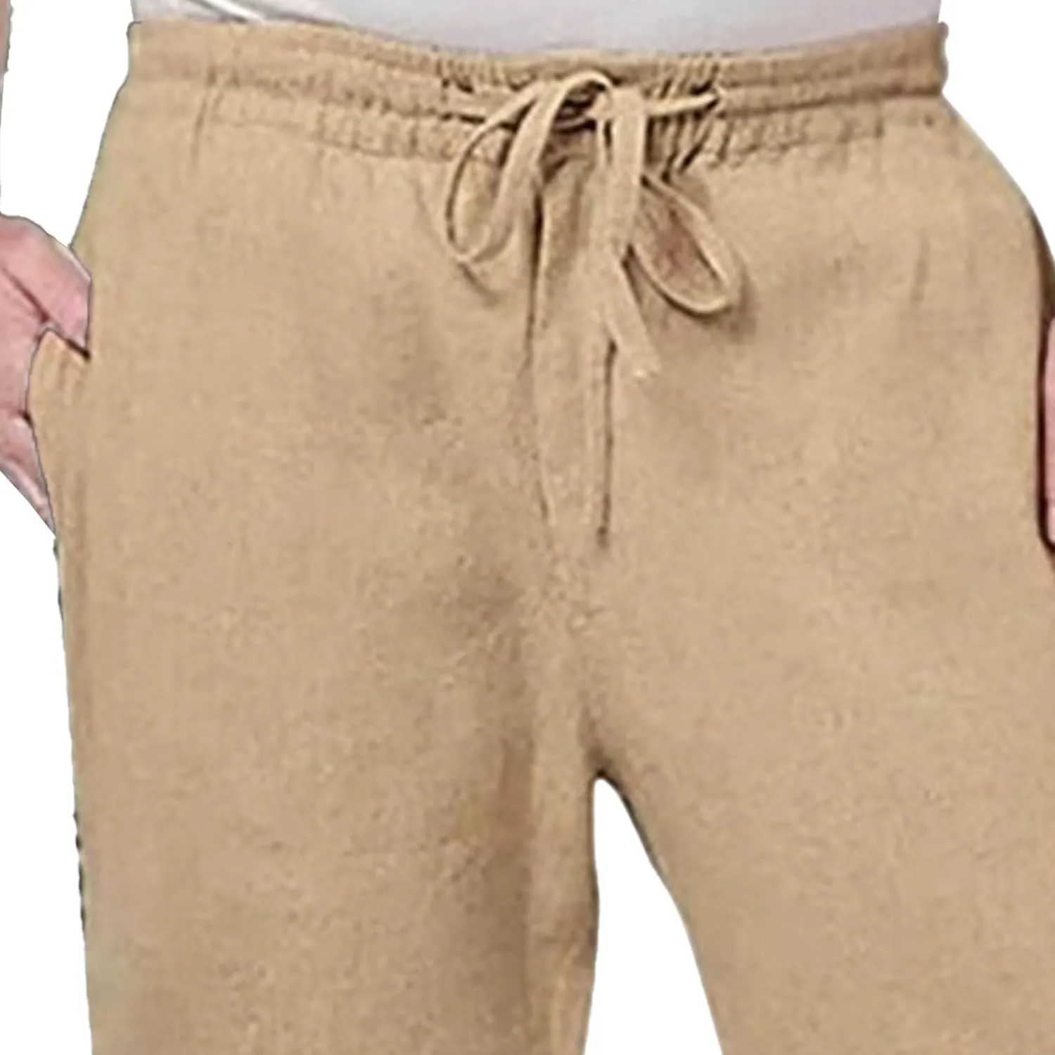 Men's Elatic Waist Baggy Summer Pants Solid Casual Linen Beach Trouser Drawstring Straight Leg Pants