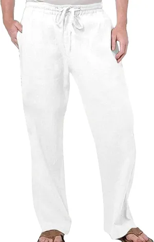 Men's Elatic Waist Baggy Summer Pants Solid Casual Linen Beach Trouser Drawstring Straight Leg Pants