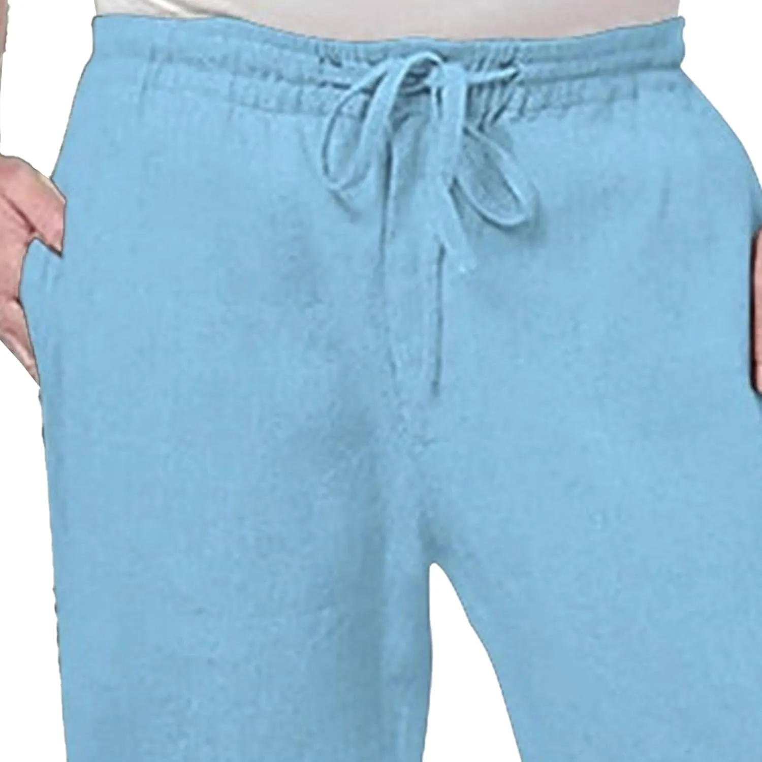 Men's Elatic Waist Baggy Summer Pants Solid Casual Linen Beach Trouser Drawstring Straight Leg Pants