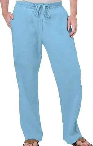 Men's Elatic Waist Baggy Summer Pants Solid Casual Linen Beach Trouser Drawstring Straight Leg Pants