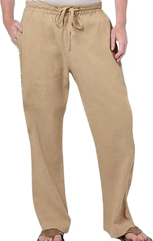 Men's Elatic Waist Baggy Summer Pants Solid Casual Linen Beach Trouser Drawstring Straight Leg Pants